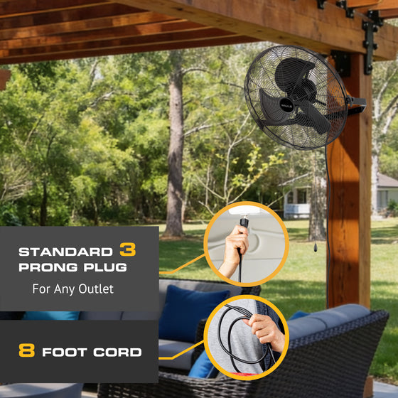 MULE outdoor fan hanging from a pergola with text about plug type and cord length.