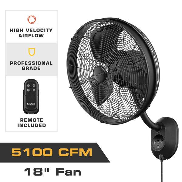 18-inch wall-mounted fan with remote control and high velocity airflow features on a white background.