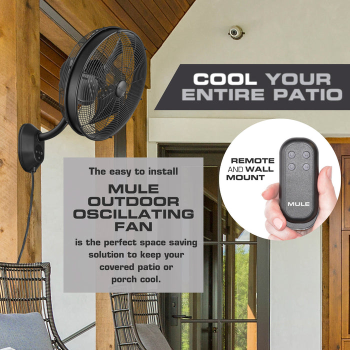 Mule Outdoor oscillating fan with remote control on a patio, featuring text about the product.