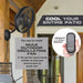 Mule Outdoor oscillating fan with remote control on a patio, featuring text about the product.