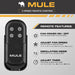 Mule fan 3 speed remote control with features listed on a gray background