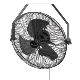 Black fan with 'Mule' branding on a white background at tilted angle