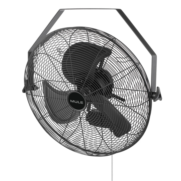 Black fan with 'Mule' branding on a white background at tilted angle