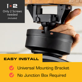 Hand holding a black mounting bracket for a Mule fan with text about installation ease and features.