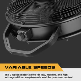 Black Mule fan grill with variable speeds label on a dark background