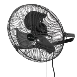 Black wall-mounted fan with 'Mule' branding on a white background - tilted angle 