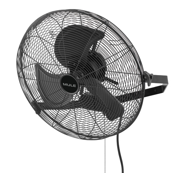 Black wall-mounted fan with 'Mule' branding on a white background - tilted angle 