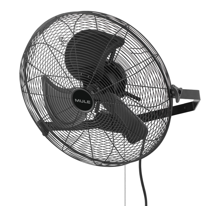 Black wall-mounted fan with 'Mule' branding on a white background - tilted angle 