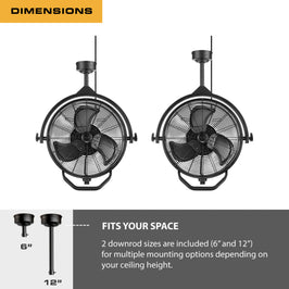 Two Mule ceiling fans with mounting options and dimensions displayed.