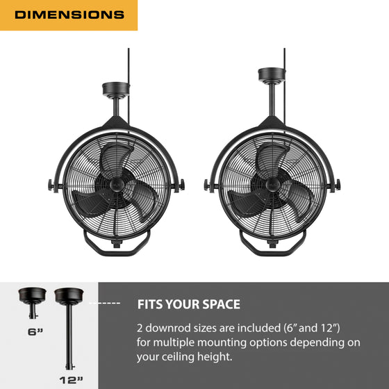 Two Mule ceiling fans with mounting options and dimensions displayed.