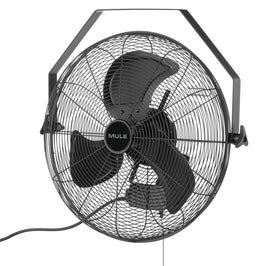 Black wall-mounted fan with 'Mule' branding on a white background
