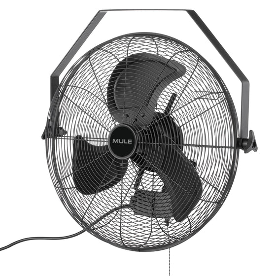 Black wall-mounted fan with 'Mule' branding on a white background