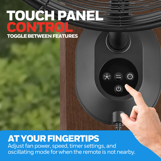 Touch panel control on a Honeywell fan with a hand adjusting settings, against a blurred green outdoor background.