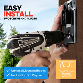 Person using a drill to install a universal mounting bracket on a wall with text highlighting ease of installation for Honeywell fan.