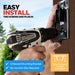 Person using a drill to install a universal mounting bracket on a wall with text highlighting ease of installation for Honeywell fan.