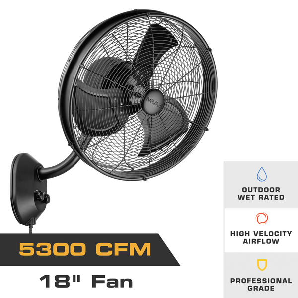MULE 18-inch wet-rated oscillating wall-mount fan in matte black finish with 5,300 CFM airflow