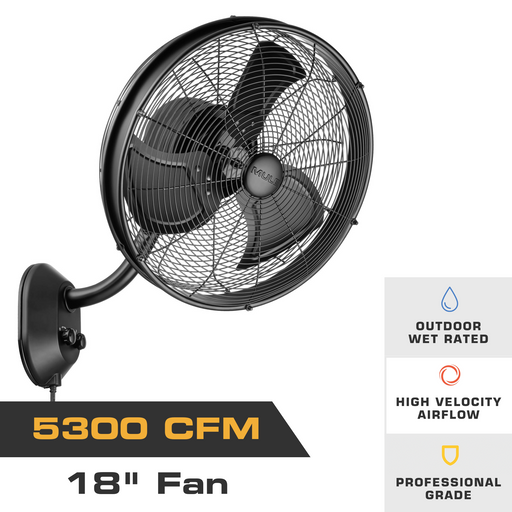 MULE 18-inch wet-rated oscillating wall-mount fan in matte black finish with 5,300 CFM airflow