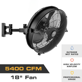 MULE Wet-Rated Wall Fan XL, 18-inch outdoor wall-mount fan in matte black with 5,400 CFM airflow