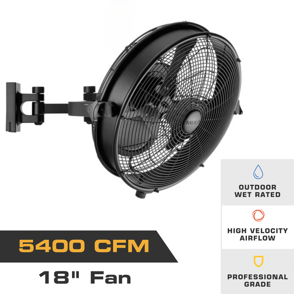 MULE Wet-Rated Wall Fan XL, 18-inch outdoor wall-mount fan in matte black with 5,400 CFM airflow